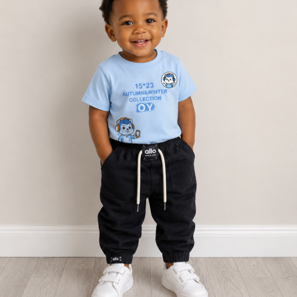 blue t-shirt with soft black jeans