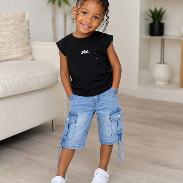 2piece shorts jeans with black top